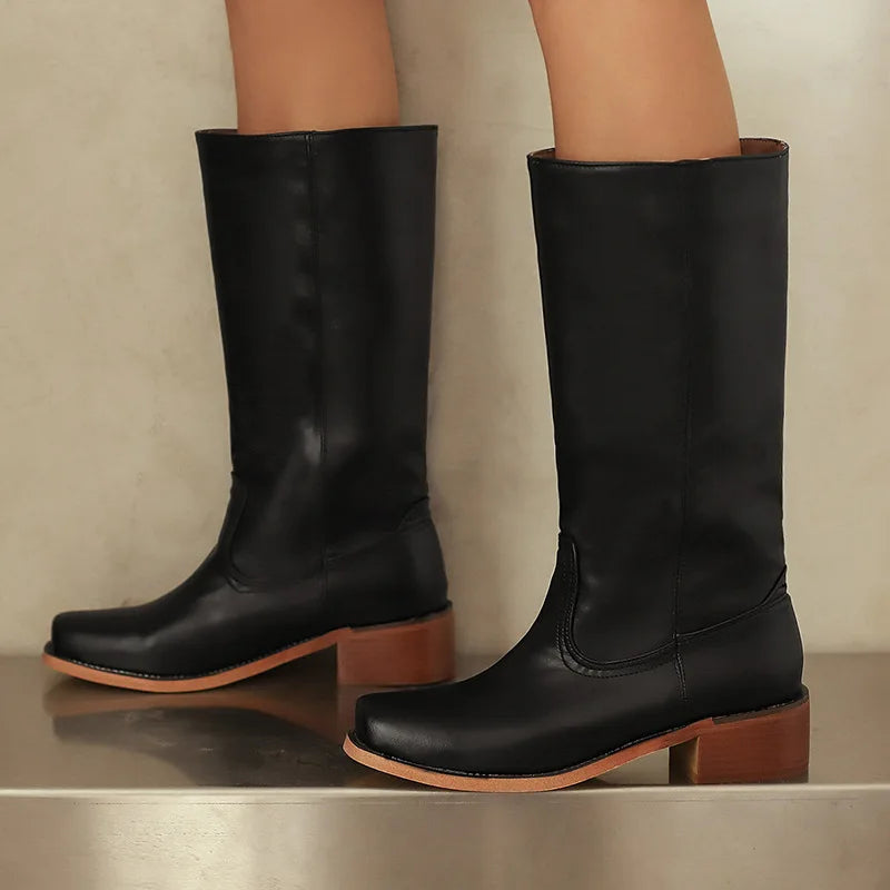 Block Heel Knee High Boots for Women | Round Toe Warm Winter Style