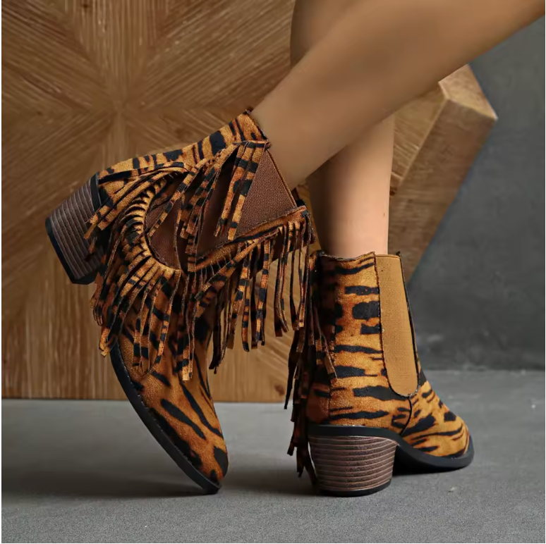 Pointed Toe Ankle Boots for Women | Block Heel Animal Print Winter Ready Comfort