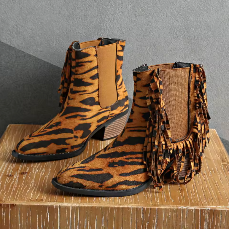 Pointed Toe Ankle Boots for Women | Block Heel Animal Print Winter Ready Comfort