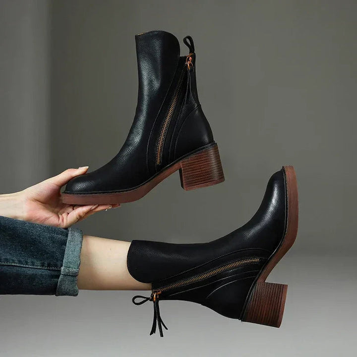 Block Heel Mid Calf Boots for Women | Side Zip Round Toe Winter Ready Comfort