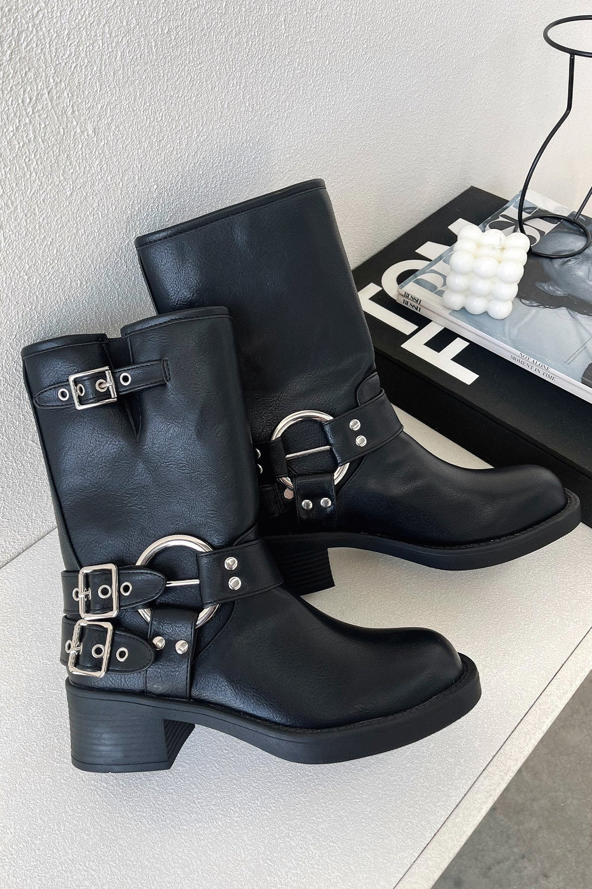 Block Heel Ankle Boots for Women | Buckle Strap Round Toe Fall Booties