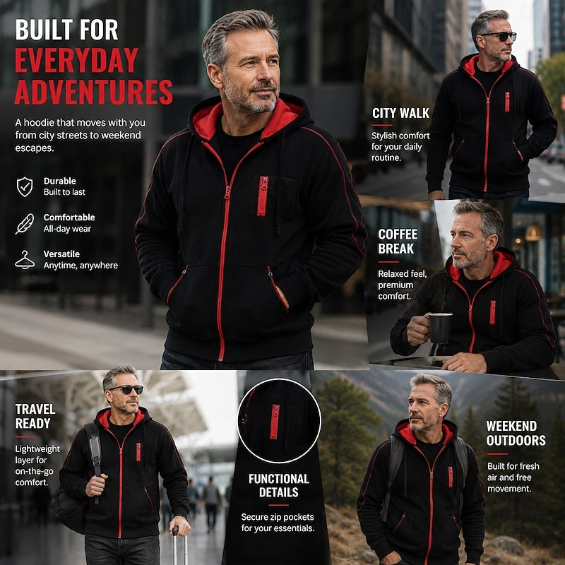 Hooded Winter Jacket for Men | Drawstring Full Zip Autumn Layering