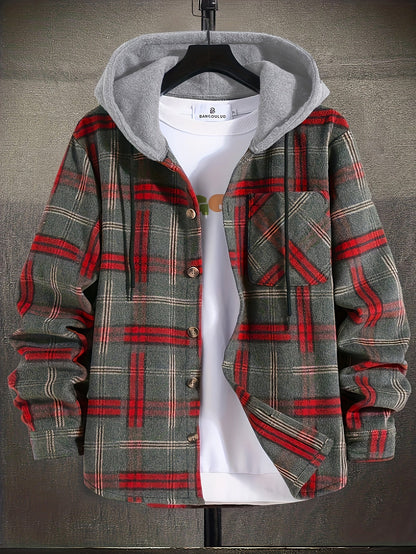 Hooded Winter Jacket for Men | Button Front Plaid Autumn Layering