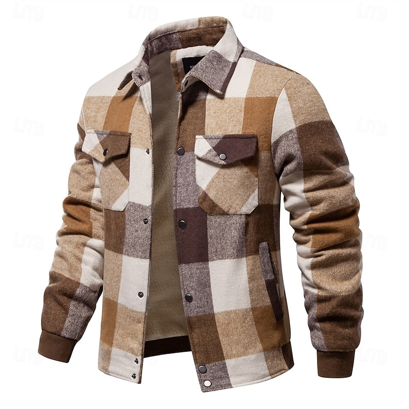 Plaid Shacket for Men | Button Front Lapel Collar Warm Winter Layer