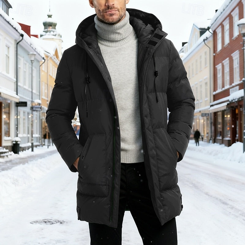 Hooded Puffer Jacket for Men | Longline Full Zip Warm Winter Layer