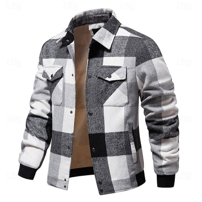 Plaid Shacket for Men | Button Front Lapel Collar Warm Winter Layer