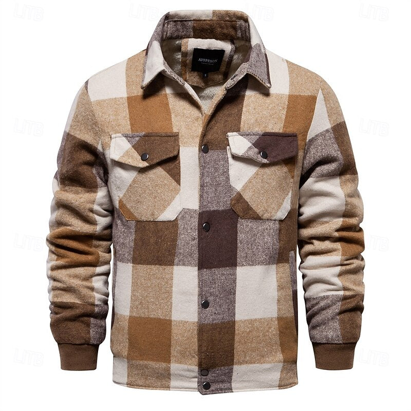 Plaid Shacket for Men | Button Front Lapel Collar Warm Winter Layer