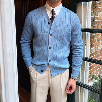 Button Front Cardigan for Men | Ribbed V Neck Cosy Winter Style
