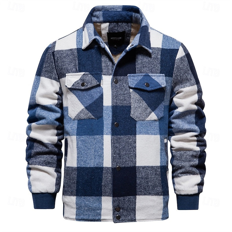 Plaid Shacket for Men | Button Front Lapel Collar Warm Winter Layer