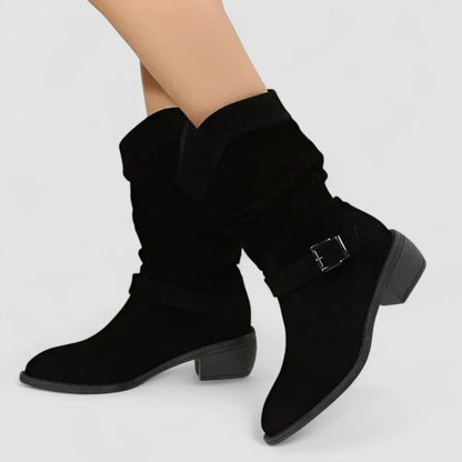 Slouchy Mid Calf Boots for Women | Block Heel Round Toe Warm Winter Style
