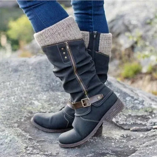 Block Heel Mid Calf Boots for Women | Side Zip Round Toe Warm Winter Style