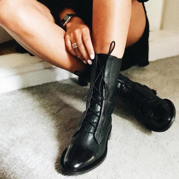 Classic Mid Calf Boots for Women | Lace Up Flat Warm Winter Style