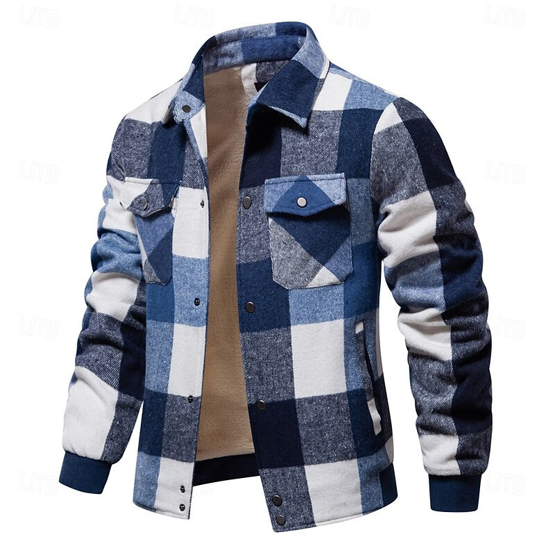 Plaid Shacket for Men | Button Front Lapel Collar Warm Winter Layer