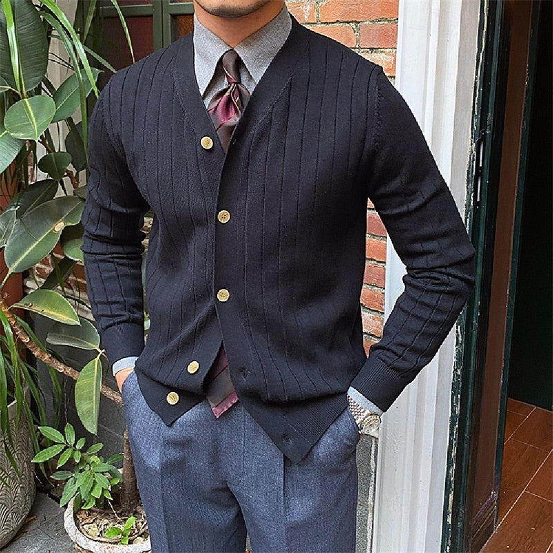 Button Front Cardigan for Men | Ribbed V Neck Cosy Winter Style