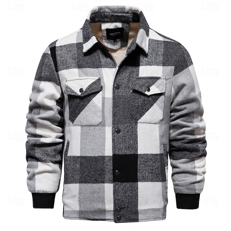 Plaid Shacket for Men | Button Front Lapel Collar Warm Winter Layer
